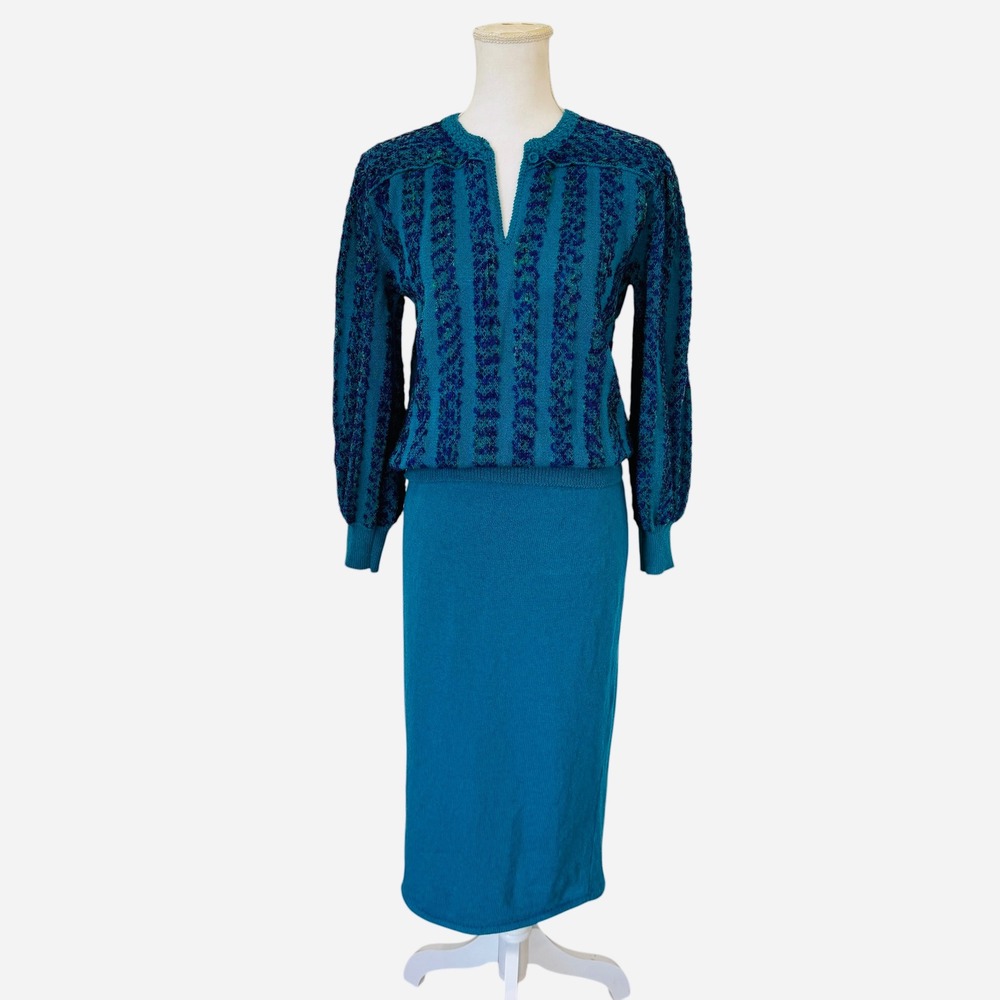 Vintage Jessica Knits‎ Teal Blue Purple 2 Piece Sweater Midi Skirt Set Womens SM